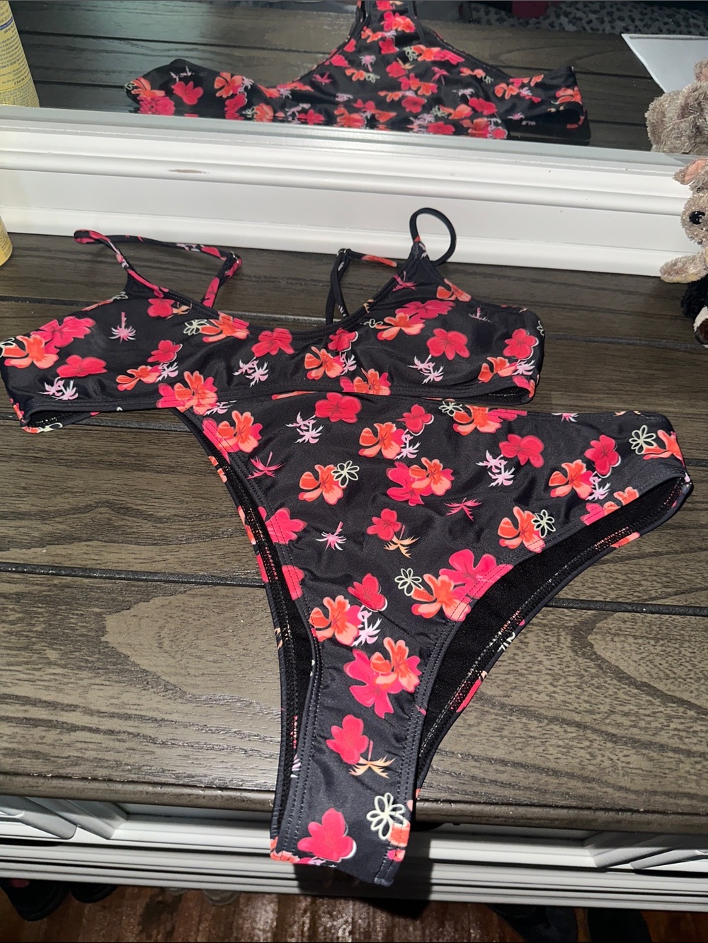 Girls' Black Floral One-Piece Swimsuit with Pink & Red Flowers